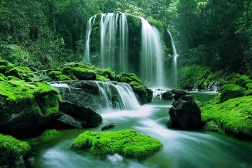  Waterfall landscape with rocks covered in green moss © eyetronic