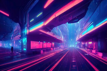 Cyberpunk Urban Abstract Future Wallpaper. Industrial Futuristic concept. Blue pink violet Evening urban landscape. 3D render
