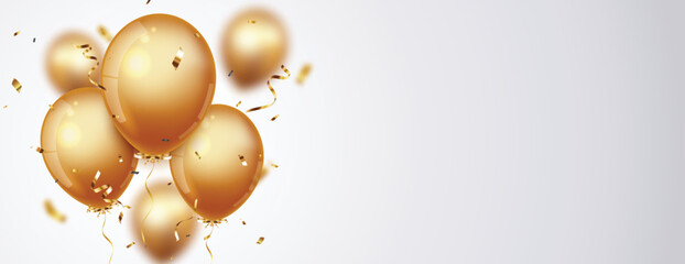 Celebration banner with gold confetti and balloons, isolated on transparent backgroound