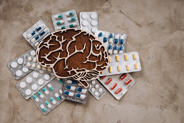 Brain with pills. Awareness of Alzheimer's, Parkinson's disease, dementia