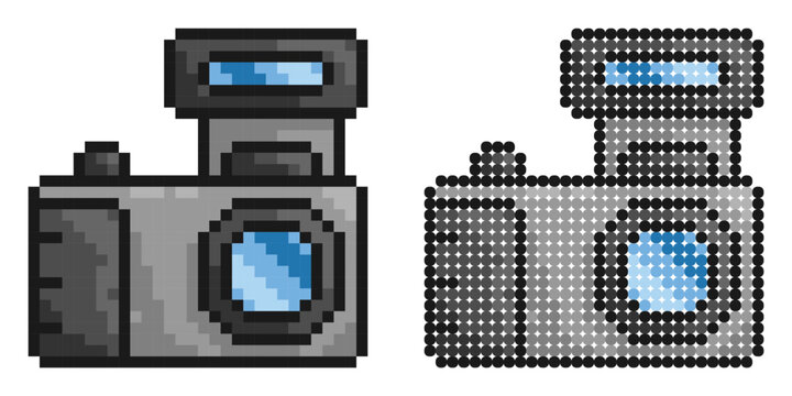 Pixel icon. Camera, equipment for photography and selfie. World Photography Day August 19th. Simple retro game vector isolated on white background