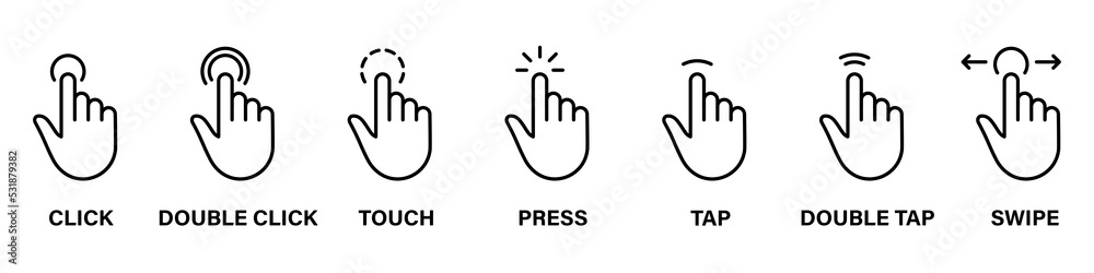 Poster computer mouse pointer finger line icon set. cursor hand linear pictogram. click press double tap to