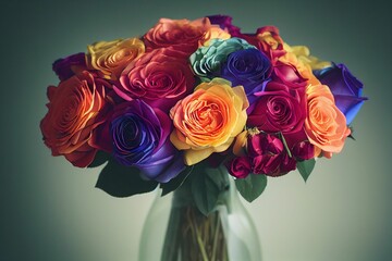 Fototapeta premium Digital illustration of a beautiful bouquet of multicolor rainbow roses in a vase