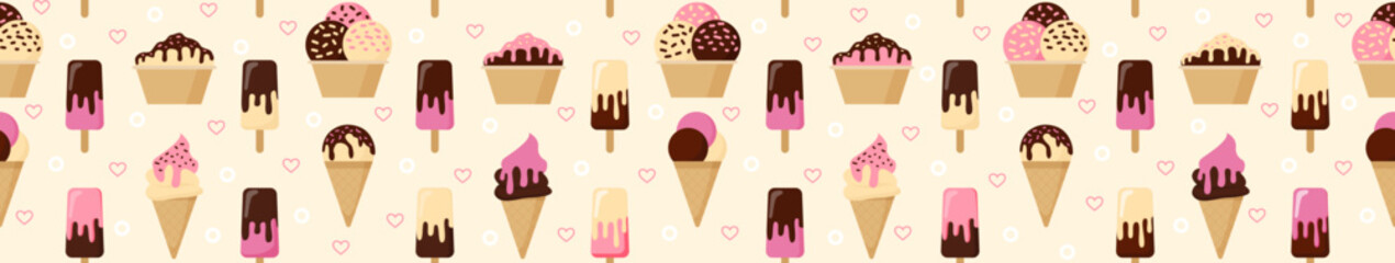 Seamless horizontal pattern with different types of ice cream, circles and hearts on a light background. Vector background in flat style.