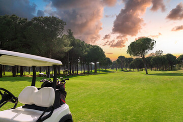 Golf cart in fairway of golf course with green grass field with cloudy sky and trees at sunset