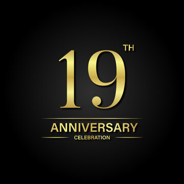 19th anniversary celebration with gold color and black background. Vector design for celebrations, invitation cards and greeting cards.
