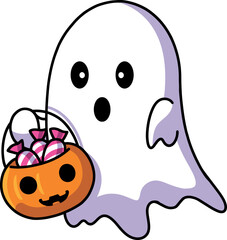 Cute ghost with candies in Halloween basket © Pixel Pope/Wirestock Creators