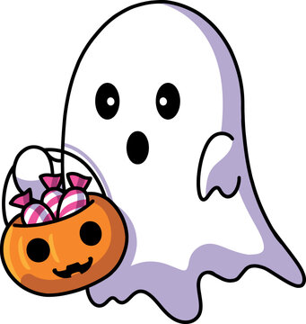 Cute ghost with candies in Halloween basket