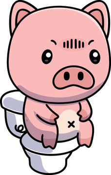 Cute Kawaii Pig On Toilet