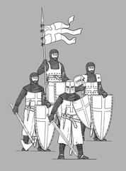 Medieval knight drawing. Set with crusaders. Templars and Knights Hospitaller.