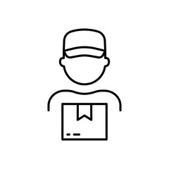 Delivery Worker Holding Parcel Box in Hand Line Icon. Postman Guy in Uniform Cap Linear Pictogram. Shipment Man Courier Deliver Package Outline Icon. Editable Stroke. Isolated Vector Illustration