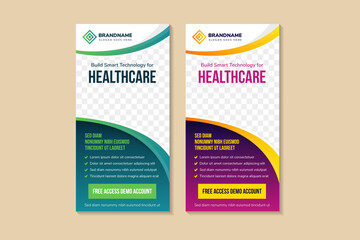 Fototapeta set of abstract curve vertical roll up banner design template for build a smart technology for healthcare. background with green and purple gradient colors. space for photo collage and text.  obraz