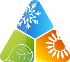 Air conditioning and heating, snowflake sun and green leaf. Eco air conditioner symbol