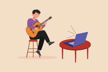 Happy boy studying guitar with watching tutorial online on laptop. Virtually concept. Flat vector illustration. 