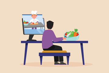 Happy young boy watching and following a cooking tutorial video while sitting. Virtually concept. Flat vector illustration. 