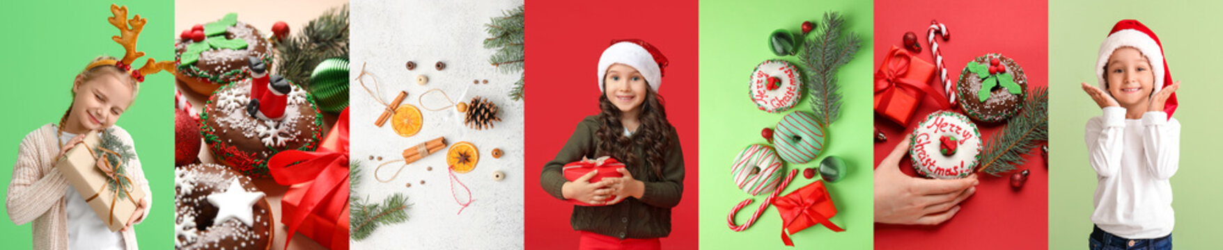 Winter collage with little children in stylish clothes, with Christmas gifts, decorations and tasty donuts