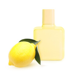 Bottle of natural cosmetics and lemon on white background