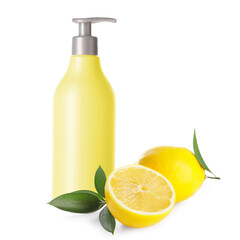 Bottle of liquid soap and lemons on white background