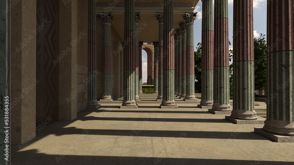 Poster Entrance to an ancient Roman temple building with stone columns. 3D rendering.