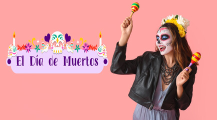 Young woman with painted skull on her face and maracas against pink background. Celebration of Mexico's Day of the Dead (El Dia de Muertos)