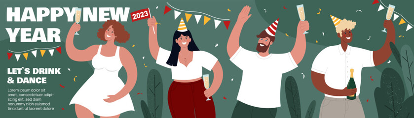 Happy New Year horizontal long banner. Different people drink champagne and dance. Vector flat illustration. Space for text.