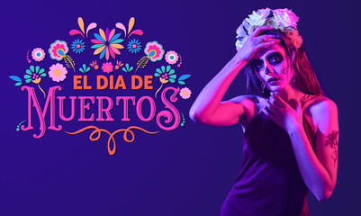 Young woman with painted skull on her face against dark color background. Celebration of Mexico's Day of the Dead (El Dia de Muertos)