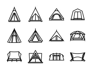 Tents icon set. Camping tent and tarp. Vector illustration in line style icon.