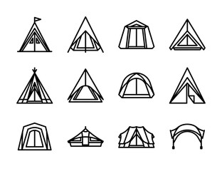 Tents icon set. Camping tent and tarp. Vector illustration in line style icon.