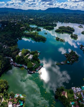 Aerial view of a river and lush green nature in Kaptai Upazila, Rangamati District, Bangladesh