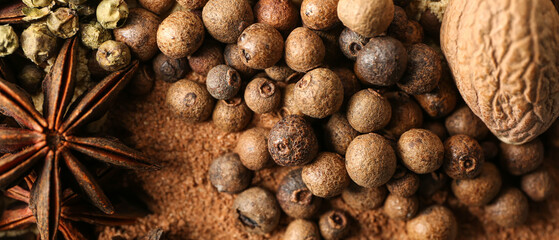 Different aromatic spices, closeup. Banner for design - obrazy, fototapety, plakaty