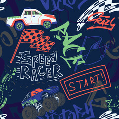 Abstract seamless cars pattern for boy on background. Childish style wheel auto repeated backdrop