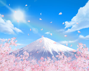 美しく華やかな桜の花と花びら舞い散る光差し込む青空ー虹ー富士山の映えるフレーム背景素材イラスト