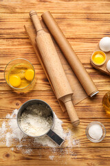 Ingredients for baking on wooden background