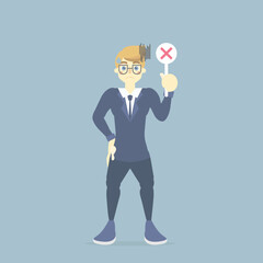 businessman in suit holding wrong, incorrect, false sign symbol, business finance concept, flat vector illustration character cartoon design clip art