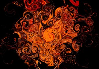 Abstract background texture of swirling orange gold fire flame on black wallpaper.