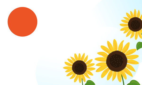 Sunflower, green leaves and red sun on blue sky background vector.