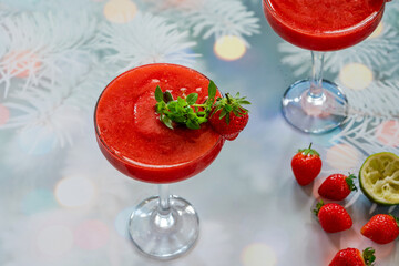 Frozen strawberry daiquiri with white rum garnished with fresh fruit