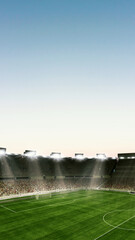 Empty large football field with flashlights and sunny cloudy sky background. Stadium with filled stands with sports soccer fans. - obrazy, fototapety, plakaty