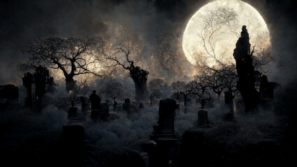 Horror cemetery at night.Digital art - obrazy, fototapety, plakaty