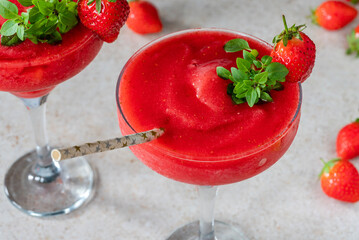 Frozen strawberry daiquiri with white rum garnished with fresh fruit