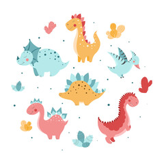 Background with cute dinosaurs, cute dinosaurs in flat style, vector pattern with dinosaurs, cacti