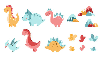 Set of cute dinosaurs, cute vector dinosaur illustrations, set of cartoon dinosaurs on white background, set of cartoon cacti, cute mountains