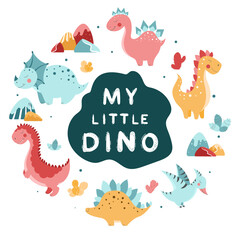 My little dino hand drawn vector calligraphy with dinosaurs set. Cute different dinosaurs, cactuses, decorative elements. Dinosaurs vector illustration