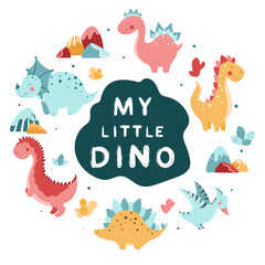 My little dino hand drawn vector calligraphy with dinosaurs set. Cute different dinosaurs, cactuses, decorative elements. Dinosaurs vector illustration © skadhi_art