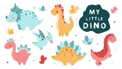My little dino hand drawn vector calligraphy with dinosaurs set. Cute different dinosaurs, cactuses, decorative elements. Dinosaurs vector illustration © skadhi_art