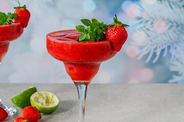 Frozen strawberry daiquiri with white rum garnished with fresh fruit
