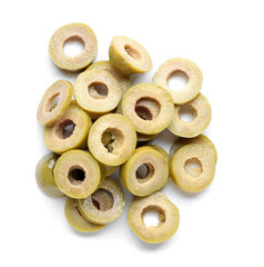 Slices of delicious green olives on white background