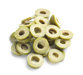 Slices of delicious green olives on white background