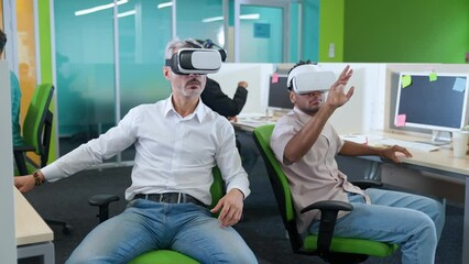 International modern office, workers in virtual reality glasses using modern technologies and additional reality for work and financial analytics, the template.