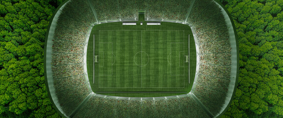 Aerial view. Concept of sport, competition, winning, action. Empty area for championships, football field. Total green. Soccer stadium among dense forest © master1305